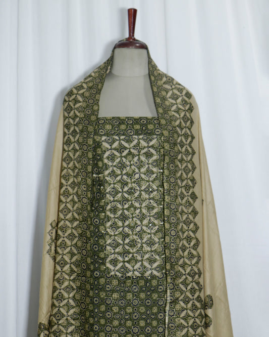 Ajrakh applique Printed Cotton 3 Piece Suit Set with mul-mul dupatta
