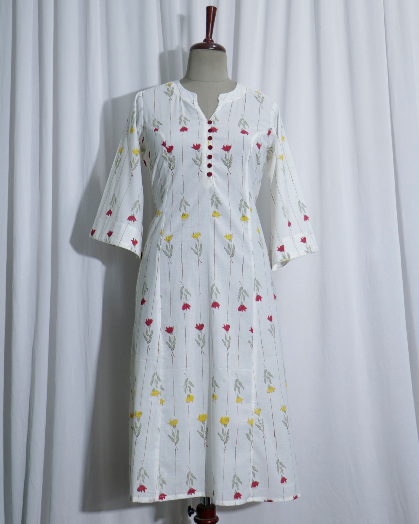 White Jaipuri Handprinted Cotton Dress with Rose Print & Potli Button Detailing
