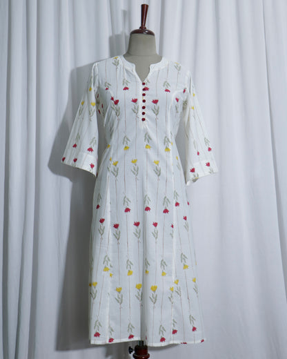 White Jaipuri Handprinted Cotton Dress with Rose Print & Potli Button Detailing