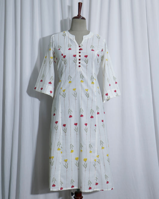 White Jaipuri Handprinted Cotton Dress with Rose Print & Potli Button Detailing
