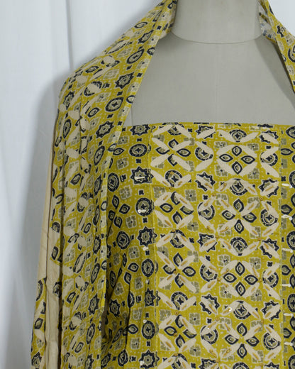 Ajrakh applique Printed Mustered Cotton 3 Piece Suit Set with mul-mul dupatta
