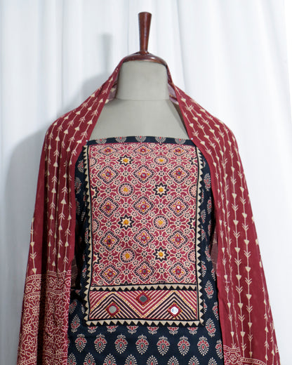 Mirror worked Ajrakh Handprinted Maroon & Black cotton Suit set with mul-mul dupatta