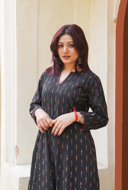 Black Ikat handloom dress, both side pocket