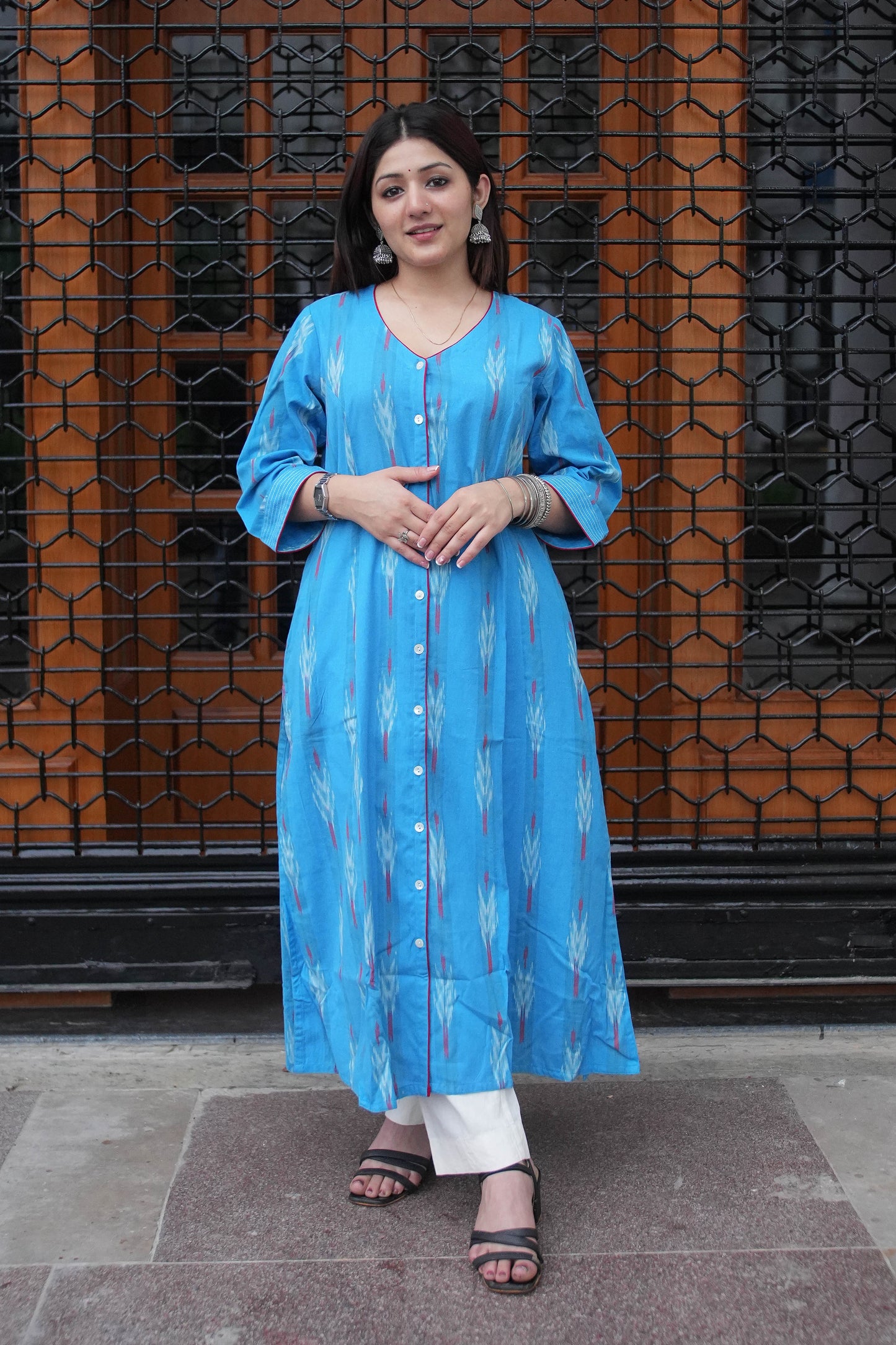Sky Blue Handloom Ikat Front Open A-Line Kurta