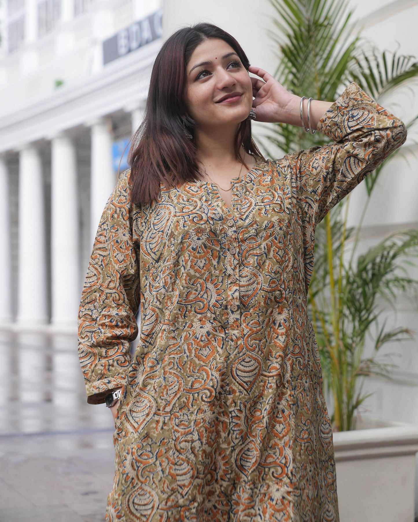 Earthy Kalamkari Handblock Cotton Kurta – A-Line Fit