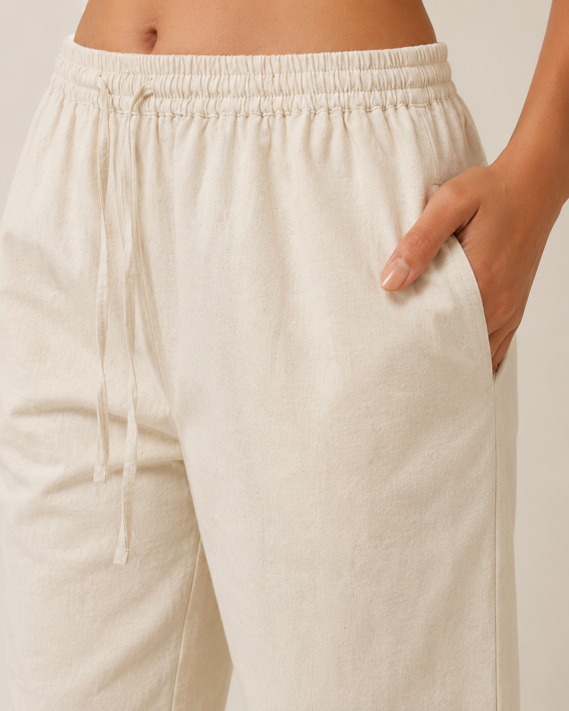 Ivory Cotton Linen Straight Fit Pants with Elastic Waist & Pockets