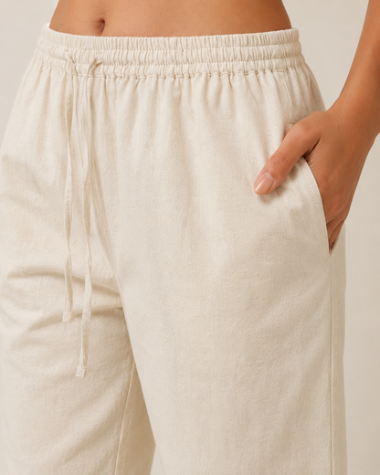 Ivory Cotton Linen Straight Fit Pants with Elastic Waist & Pockets