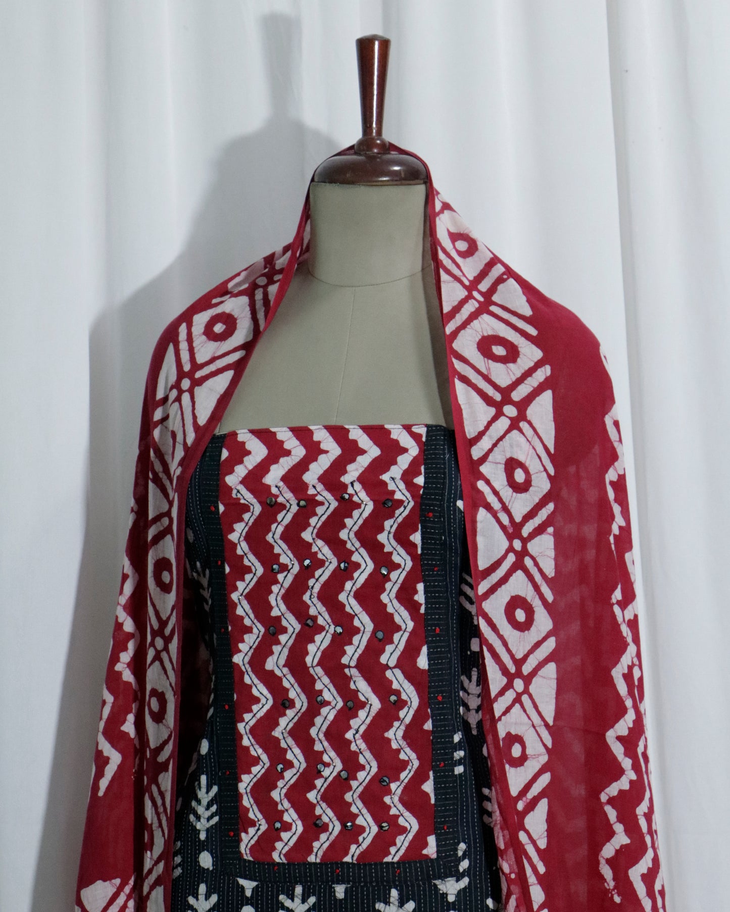 Batik Handprinted Kantha Stitched 3 piece suit set