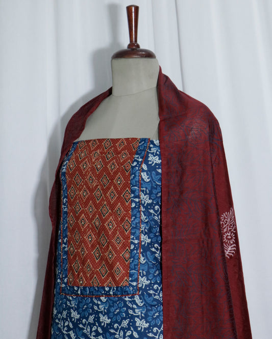 Indigo Handprinted printed cotton Unstitched 3 Piece Suit Set