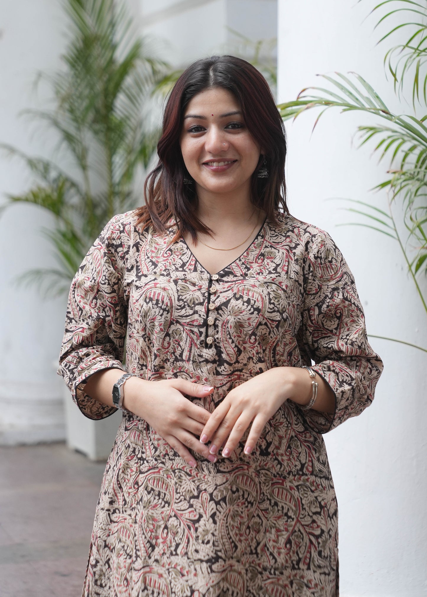 Handblock Kalamkari A-Line Cotton Kurta with Potli Buttons & Black Piping