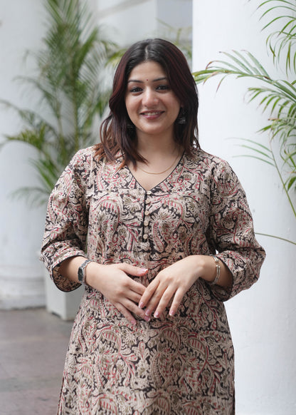 Handblock Kalamkari A-Line Cotton Kurta with Potli Buttons & Black Piping