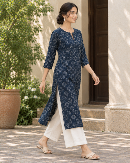Navy Blue Floral Dabu Hand Block Printed Cotton Straight Kurta