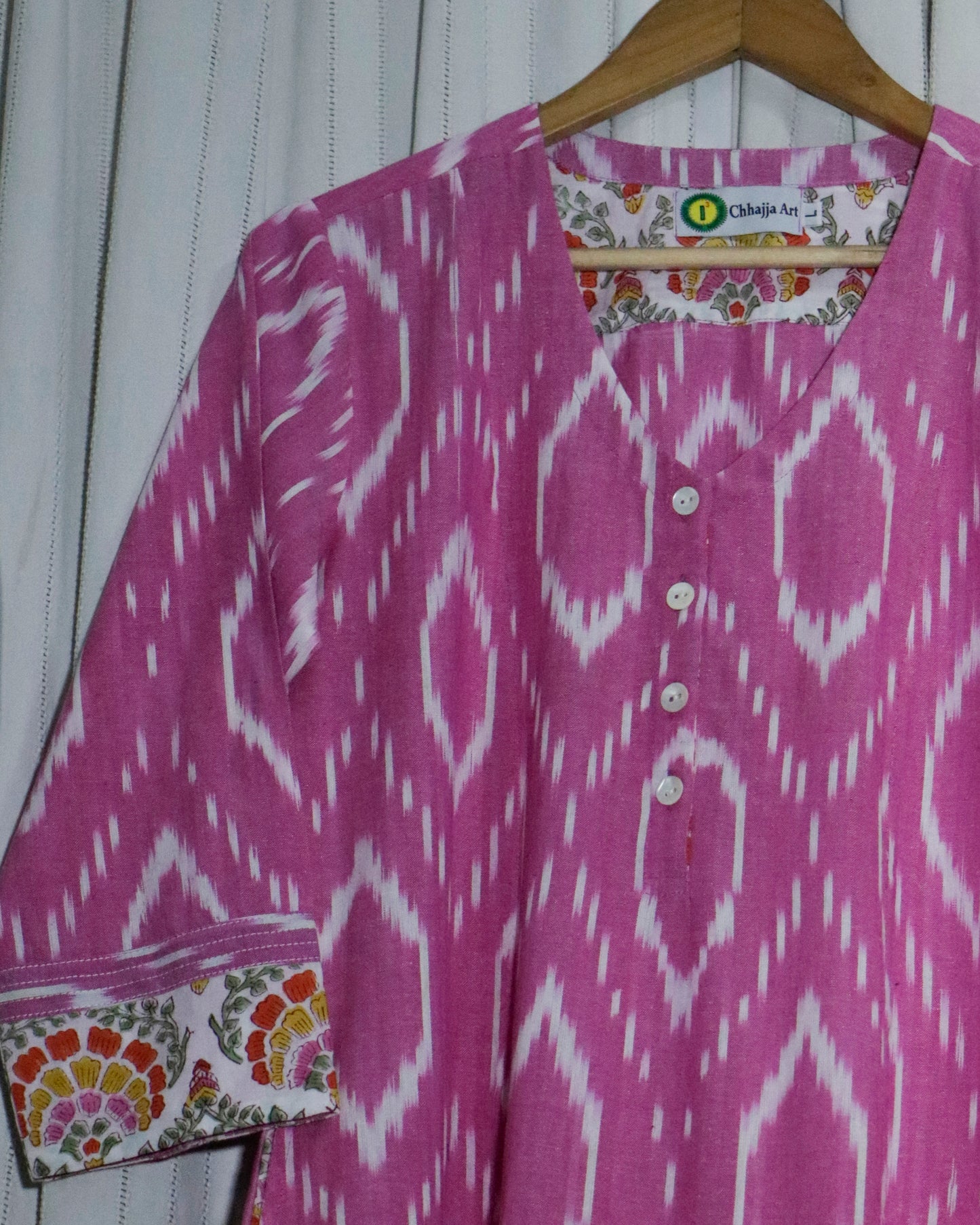 Handwoven Pink Ikat A-Line Kurta with Princess Cut & Side Pockets