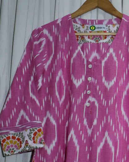 Handwoven Pink Ikat A-Line Kurta with Princess Cut & Side Pockets