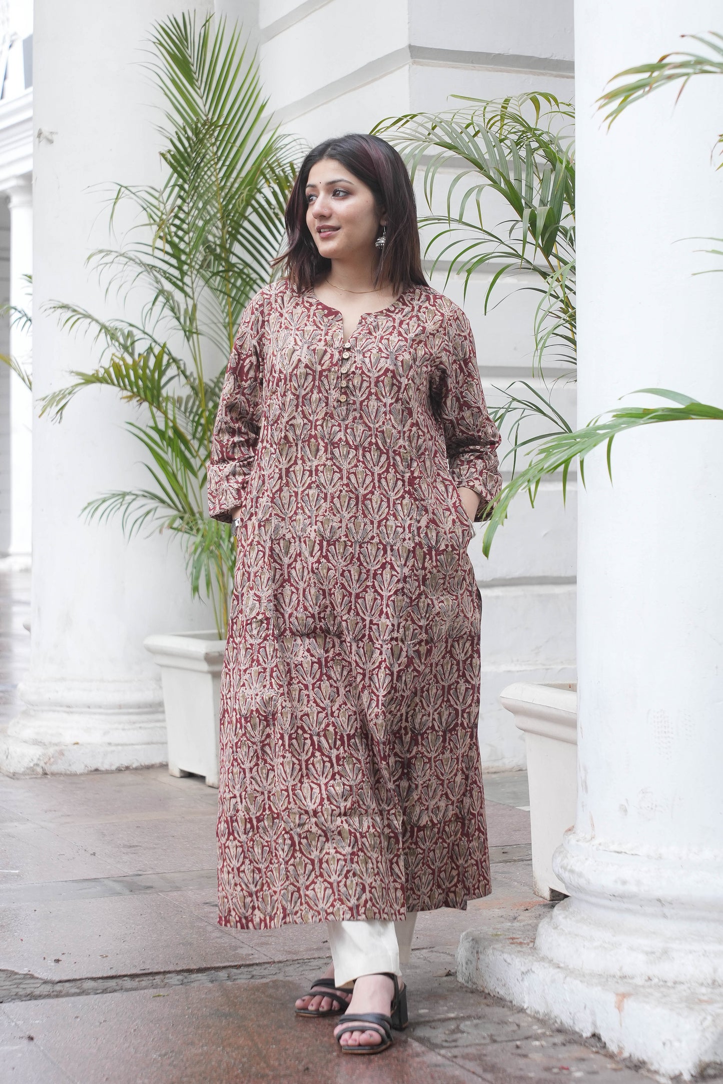 Rust Maroon Handcrafted Kalamkari A-Line Kurta