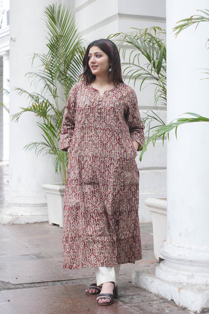 Rust Maroon Handcrafted Kalamkari A-Line Kurta