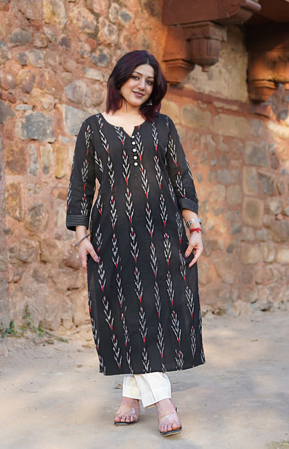 Black Ikat Handwoven Straight Fit Kurta with Thread Work & Shell Buttons