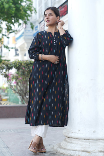 Handloom Black Ikat Straight Kurta for Women – Multicolor Woven Cotton Kurta