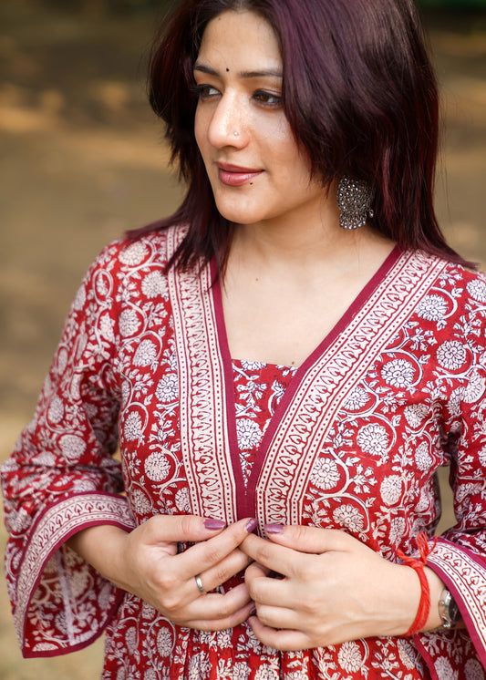 Maroon- Bagh handprinted dress with bell sleeves & pocket both side