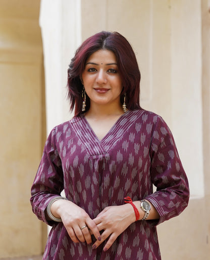Wine Ikat Handwoven Cotton Kurta with Bell Sleeves