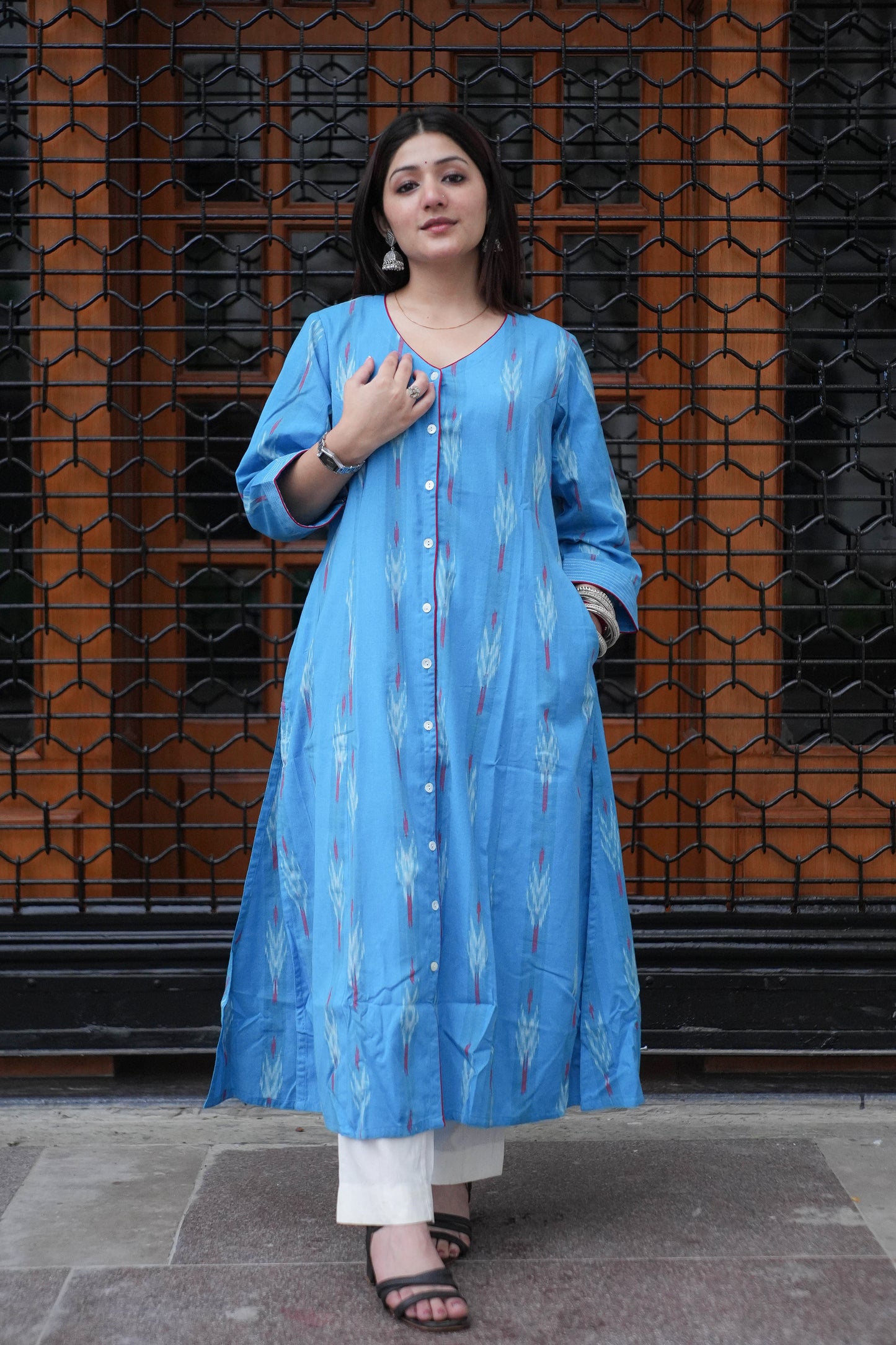 Sky Blue Handloom Ikat Front Open A-Line Kurta