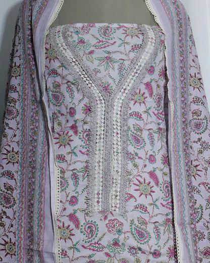 Qureshia Lace Printed cotton 3 piece suit set with mul-mul dupatta