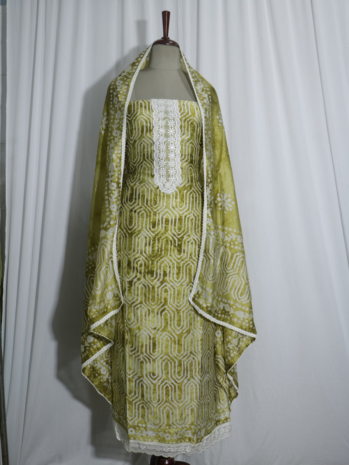 Batik Handprinted Green colour 3 piece Silk suit set