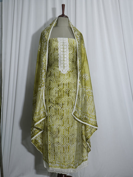 Batik Handprinted Green colour 3 piece Silk suit set