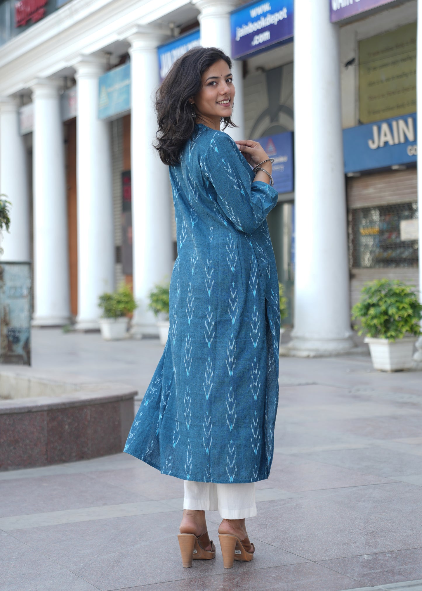 Ocean Blue Handwoven Ikat Cotton Straight Kurta for Women