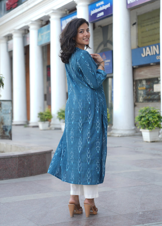 Ocean Blue Handwoven Ikat Cotton Straight Kurta for Women