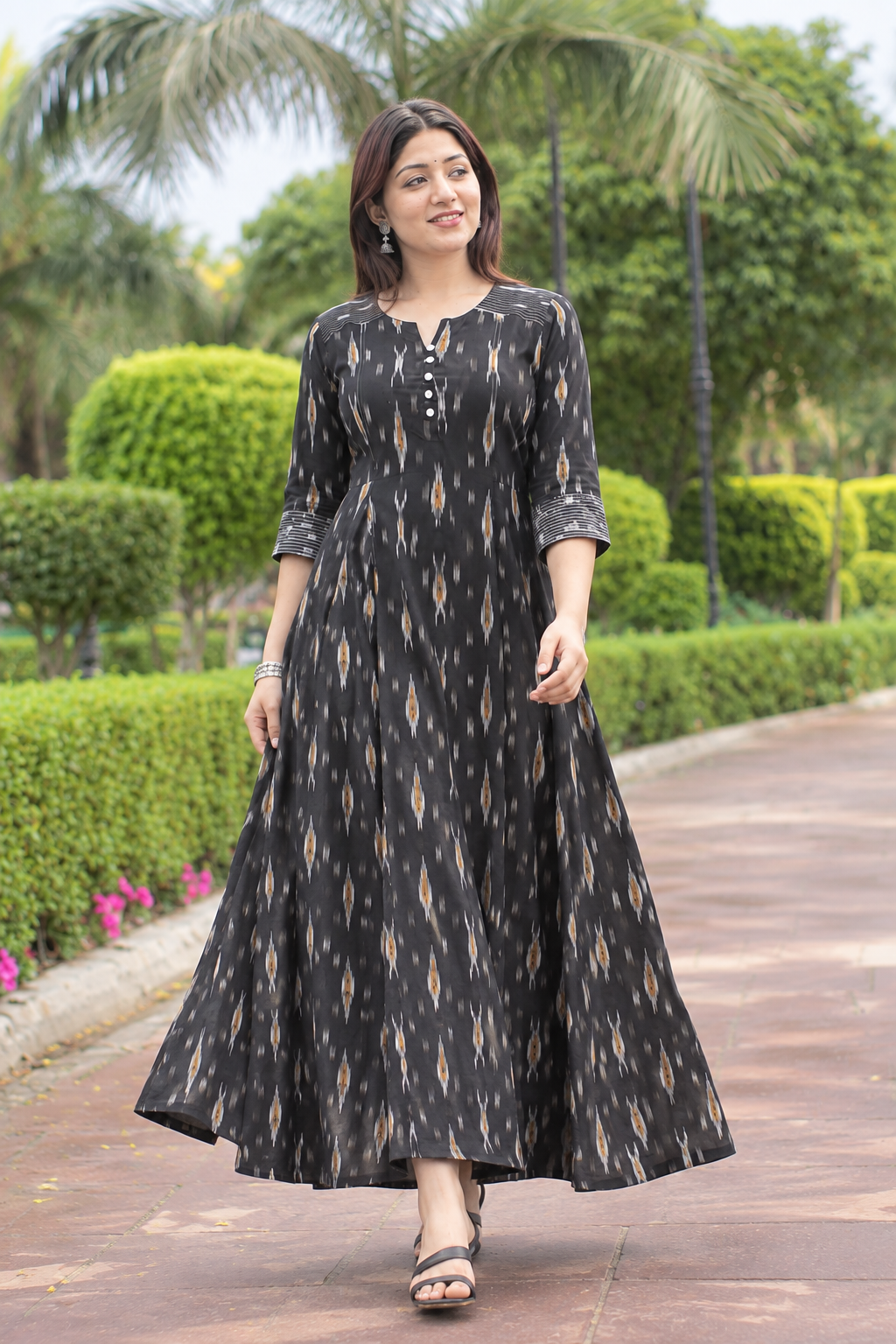 Black Handloom Ikat Flared Cotton Dress