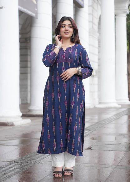 Indigo Handloom Ikat A-Line Kurta with Button Neck & Side Pockets
