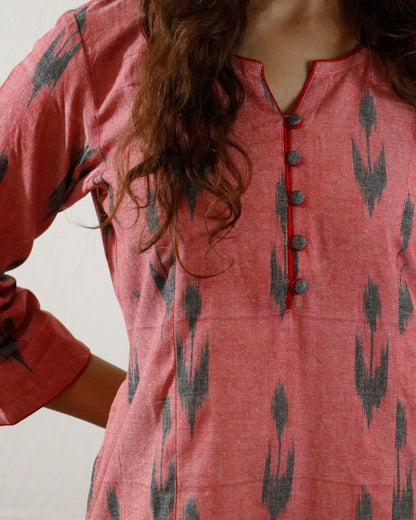 Brick Blossom Ikat Suit Set – Brick kurta with red pant & shaded dupatta (brick-red)