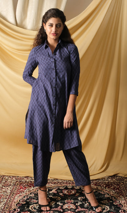 Bagh, Handprinted Indigo cotton Co-ord set, with front open shirt & straight fit pant