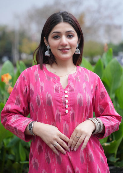 Pink Handwoven Ikat A-Line Kurta with Thread Work & Shell Buttons