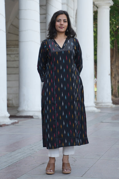 Black Handloom Ikat Cotton Kurta