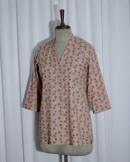 Pink Floral Handblock Printed Cotton Kurta – V Neck, 3/4 Sleeves