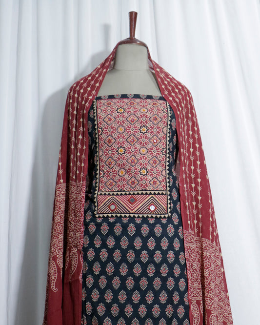 Mirror worked Ajrakh Handprinted Maroon & Black cotton Suit set with mul-mul dupatta
