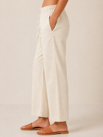 Ivory Cotton Linen Straight Fit Pants with Elastic Waist & Pockets