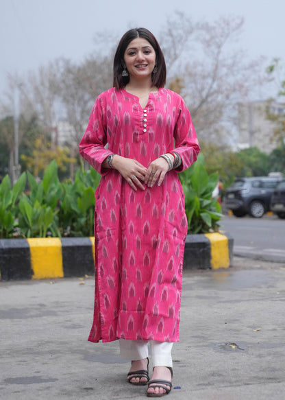 Pink Handwoven Ikat A-Line Kurta with Thread Work & Shell Buttons