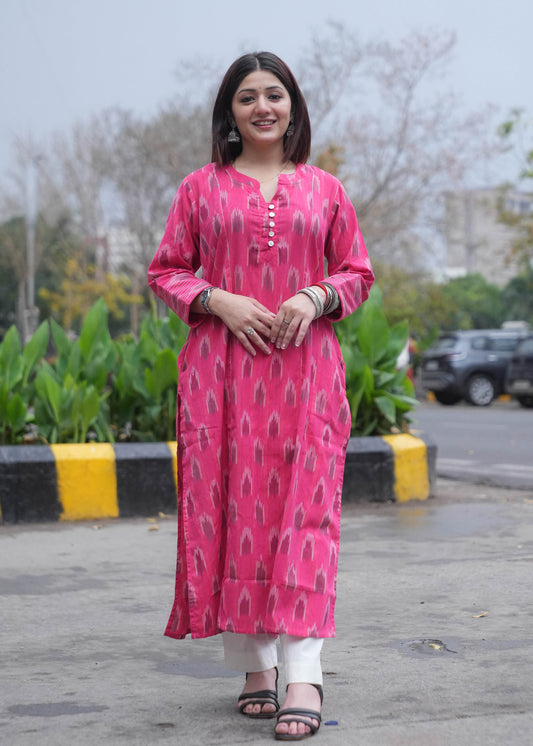 Pink Handwoven Ikat A-Line Kurta with Thread Work & Shell Buttons