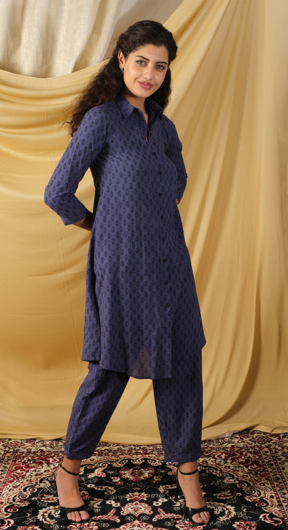 Bagh, Handprinted Indigo cotton Co-ord set, with front open shirt & straight fit pant
