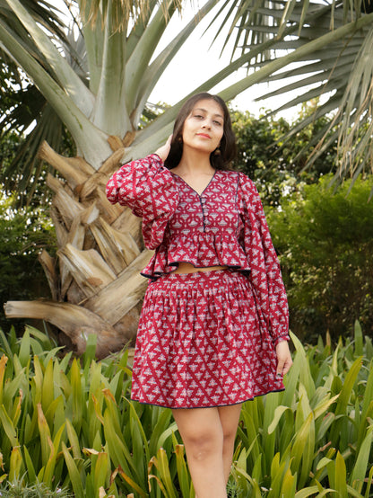 Zoya, Ajrakh Printed Cotton Skirt and Top Set