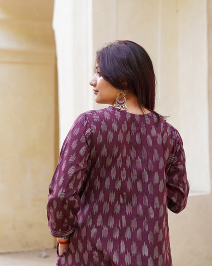 Wine Ikat Handwoven Cotton Kurta with Bell Sleeves