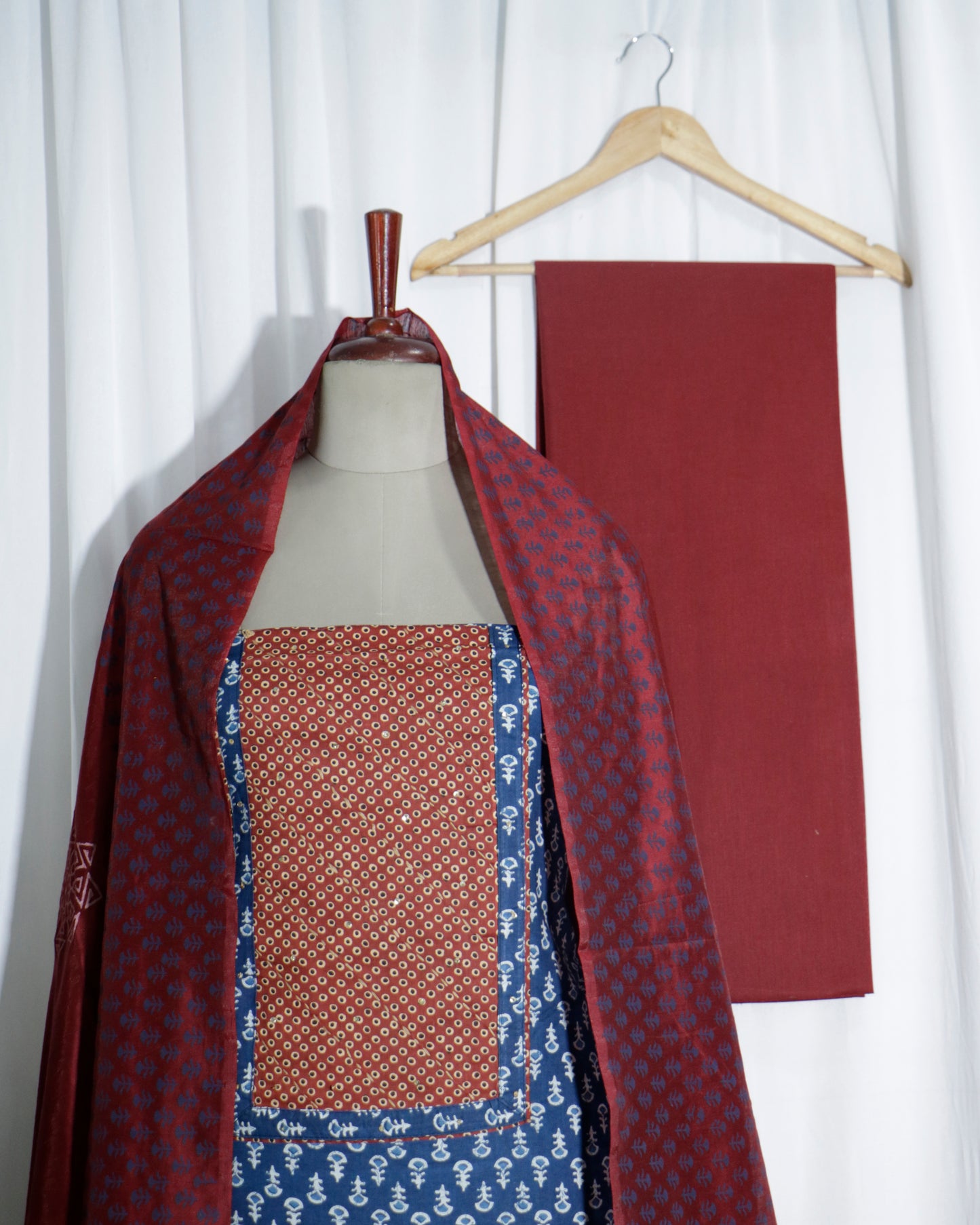 Indigo Handprinted 3 piece suit set with silk dupatta