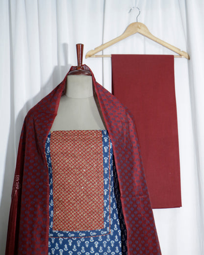 Indigo Handprinted 3 piece suit set with silk dupatta