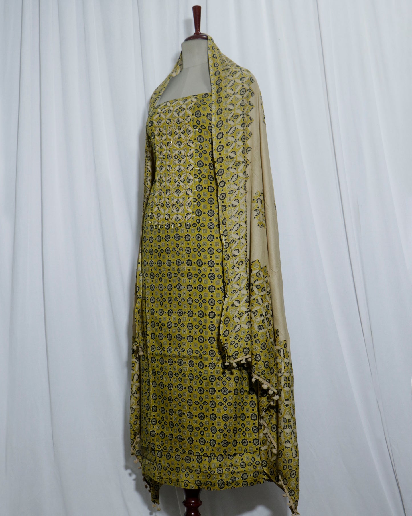 Ajrakh applique Printed Mustered Cotton 3 Piece Suit Set with mul-mul dupatta