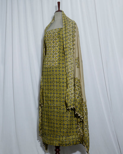 Ajrakh applique Printed Mustered Cotton 3 Piece Suit Set with mul-mul dupatta