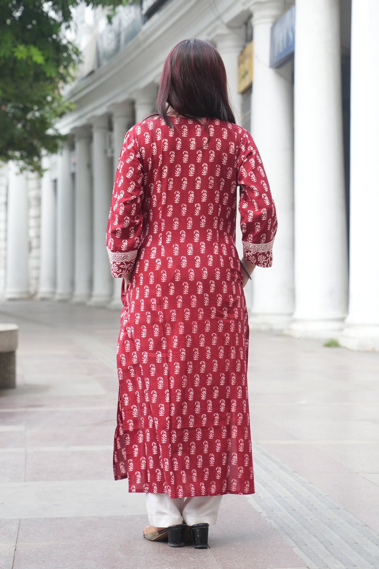 Maroon Bagh Hand Block Printed Straight Cotton Kurta for Women