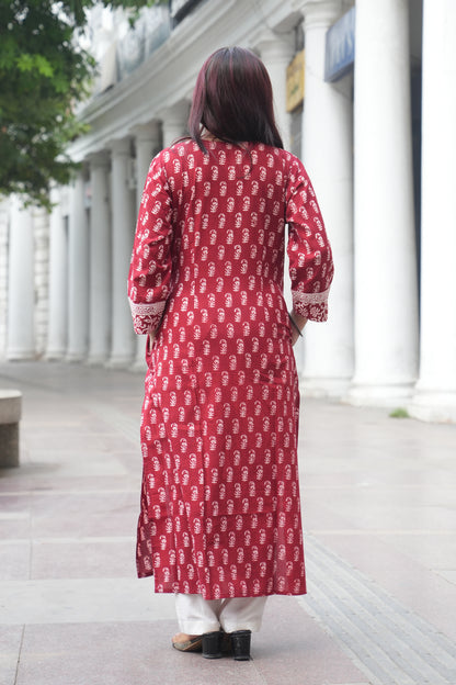 Maroon Bagh Hand Block Printed Straight Cotton Kurta for Women